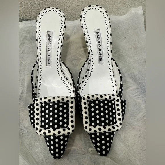 Manolo blahnik Size 5.5 Maysale Black & White Polka Dot Mule - Picture 4 of 8